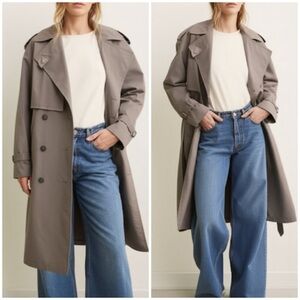 Vintage Neutral Oversized Grey Double Breasted‎ Full Length Classic Trench Coat